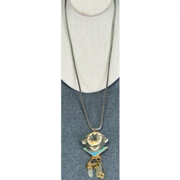 Vintage 1990s Artsy Boho Necklace Mixed Media Medallion flower with dangles 26” - Picture 3 of 10